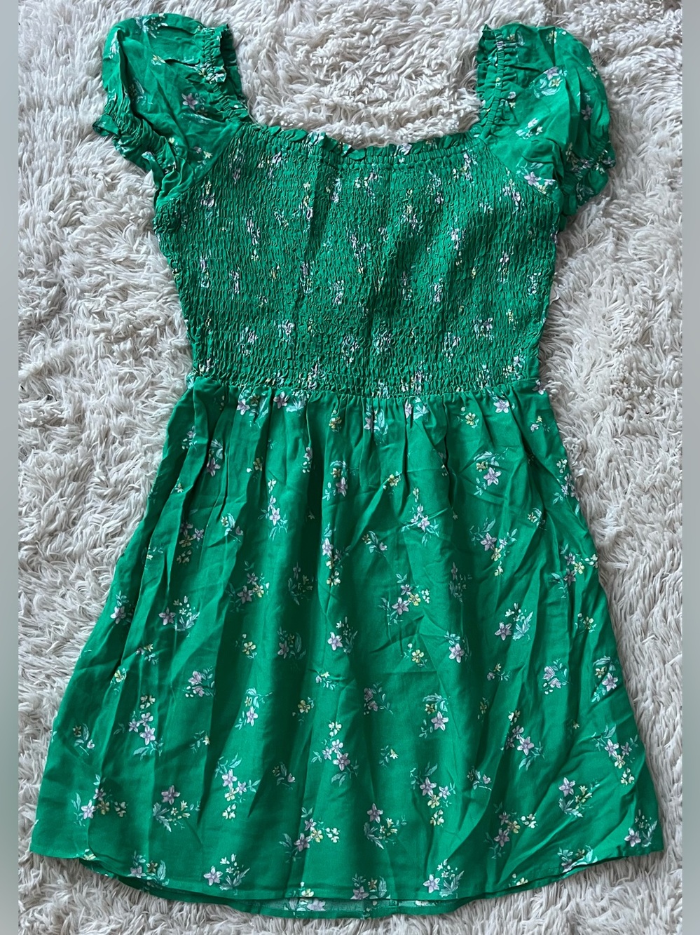 Green Floral Smocked Mini Dress